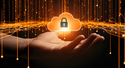 Secure cloud data protection concept illustrated by glowing padlock icon held above an open hand
