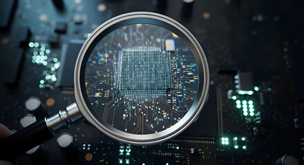 Magnifying glass reveals digital binary code on a microchip during hardware inspection process
