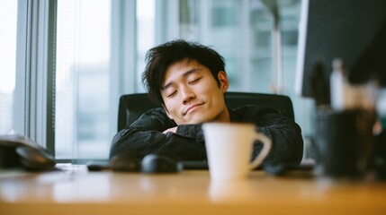 Tired Asian male worker taking nap in office during day
