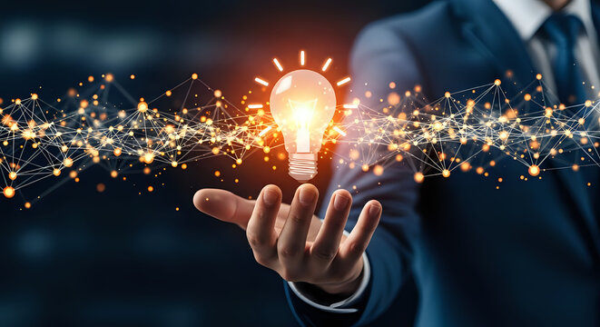 Businessman presenting glowing light bulb symbolizing connection innovation and bright digital future ideas - Powered by Adobe