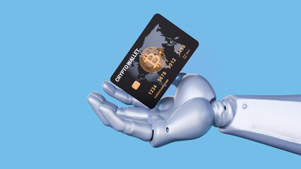 3D Illustration of Robotic Hand Holding Bitcoin Crypto Wallet Card on Blue Background
