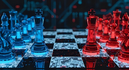 Red versus blue glowing glass chess kings face off on a futuristic digital circuit board