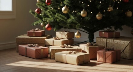 Sunlit Christmas tree with numerous gifts beneath it, rustic wrapping