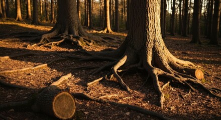 Sunlight illuminates exposed tree roots and fallen logs in a dense forest