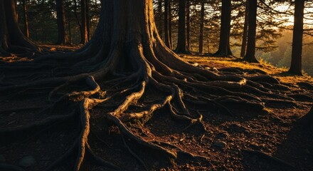 Sunlit forest scene showcasing massive tree roots, sprawling across the ground in warm, golden light