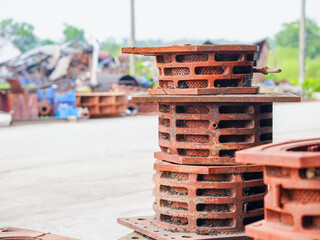 Gear scrap heap equipment metal machine in site factory industry. Rubbish pile steel, trash iron dump. Environment dirty. Machinery broken junk old aluminum. Industrial background construction. 