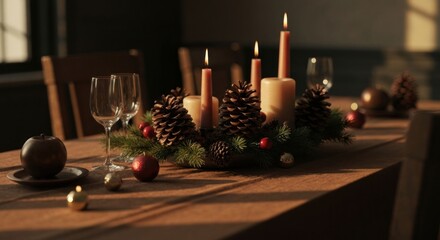 Sunlit table setting with candles, pine cones, and ornaments