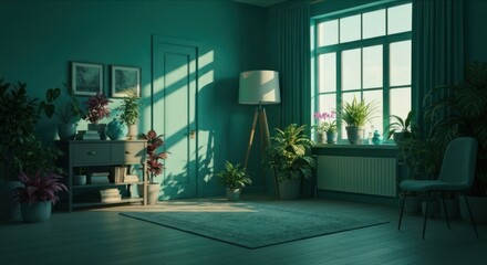 Sunlit teal room with abundant plants, a rug, chair, and sideboard; peaceful interior design