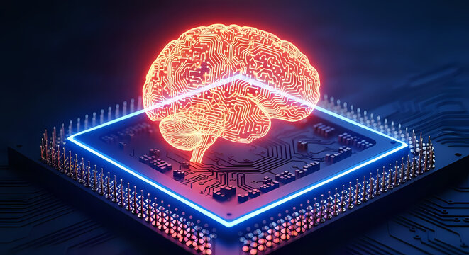 Glowing digital brain circuit visualization rests upon advanced microchip symbolizing artificial intelligence processing power - Powered by Adobe