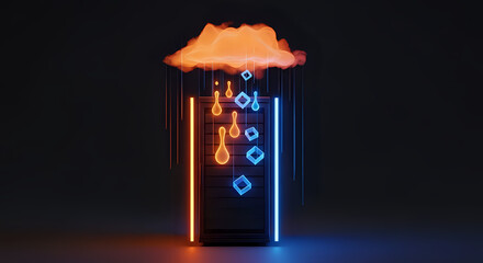Abstract server rack receives glowing data streams representing hot and cold cloud processing concepts