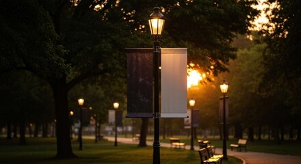 Sunset illuminates park path; lampposts with banners, benches, and trees