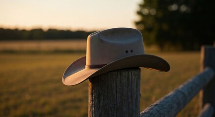 Tan cowboy hat rests on weathered wooden fence post at sunset, overlooking a grassy field