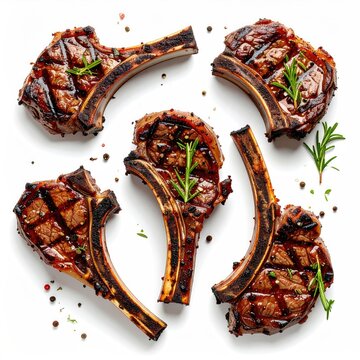 Grilled lamb chops arranged on a white background