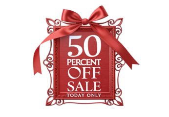 Ornate red frame with 50 percent off sale and decorative ribbon, isolated on a transparent background