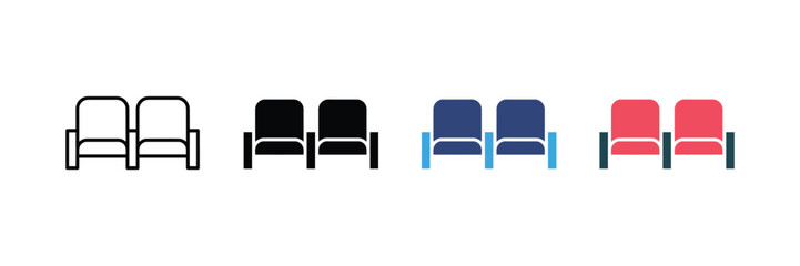 Rows of empty chair icon set isolated on white background, Vector illustration. Cinema chair symbol 