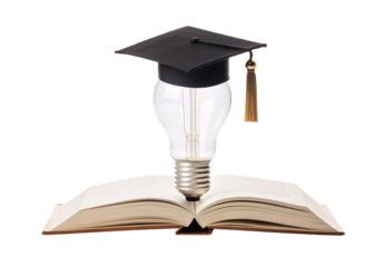 Lightbulb wearing graduation cap on open book symbolizing education ideas, isolated on a transparent background