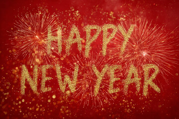 Glittery golden text reading Happy New Year with fireworks and bokeh effect on red background
