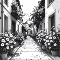 Quaint alleyway view. Flower pots line path. Walls of buildings reach towards sky. Drawn in grey and white tones