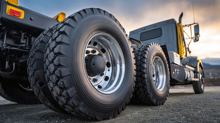 Obraz premium Heavy-duty truck tires and wheels on a gravel surface, emphasizing robust construction and readiness for demanding transport. The gray truck hints at industrial strength.