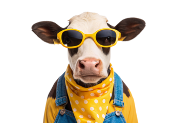 Stylish cow with yellow sunglasses wearing polka dot bandana outfit, isolated on a transparent background