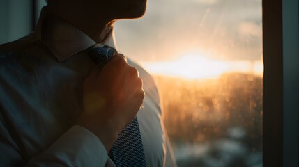 Close-Up of a Businessman Adjusting His Tie During Golden Sunrise