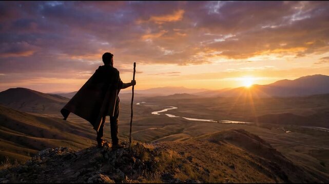 Caleb stands on hill looking toward Promise Land at dawn biblical scene