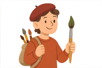 Young artist boy holding paintbrush wearing beret