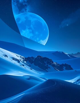 Serene blue moonscape Mountains & dunes bathed in cool light under a massive moonlit sky, creating a tranquil scene