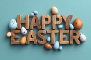 Happy Easter wooden letters with decorative speckled eggs on a blue background