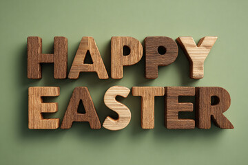 Rustic wooden letters spell Happy Easter against a soft green background