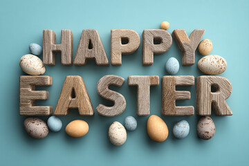 wooden letters spell happy easter surrounded by natural speckled eggs on a teal background