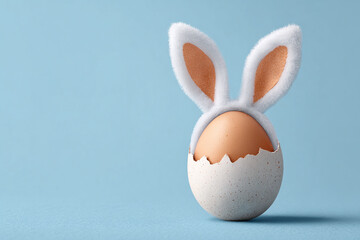 Cute easter egg wearing fluffy bunny ears on a pastel blue background