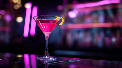 Pink martini with a lemon twist glows in neon bar light, sleek nightlife mood