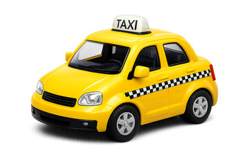Cute yellow toy taxi cab isolated on white background