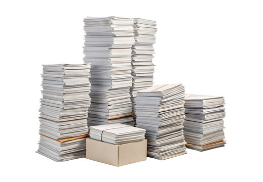 Multiple towers of white paper documents with cardboard box, isolated on a transparent background