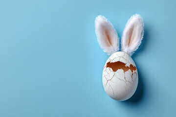 Easter bunny egg with fluffy ears on a blue background