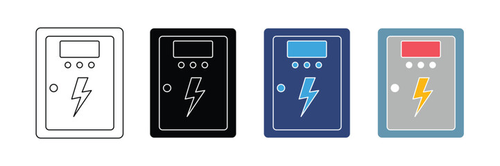 Set of electrical distribution boxes with lightning bolt icon isolated on white background. Power distribution box symbol. vector illustration