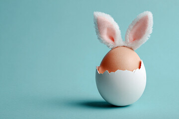 a cracked egg with bunny ears stands out against a pastel blue background