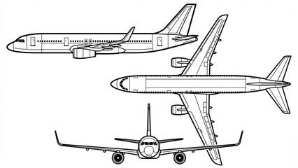 Three View Blueprint Illustration of a Modern Passenger Jet Airplane Detailed Technical Drawing With Wings Fuselage and Tail Sections Presented Against a White