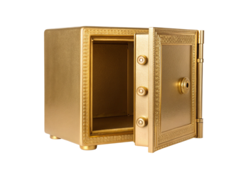 Golden safe with open door, ornate design details, isolated on a transparent background