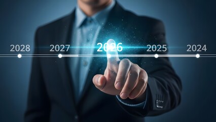 Businessman selecting the year 2026 on a futuristic digital timeline