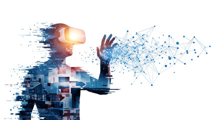 Man in VR headset experiencing digital transformation into neural data network Conceptual illustration of a man immersed in virtual reality, his body pixelating and merging into a glowing blue data 