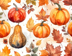Watercolor pumpkins and fall leaves in an autumnal pattern