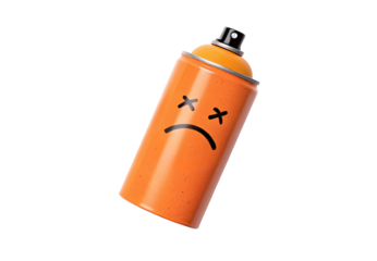 Orange spray paint can with sad face drawn on, isolated on a transparent background