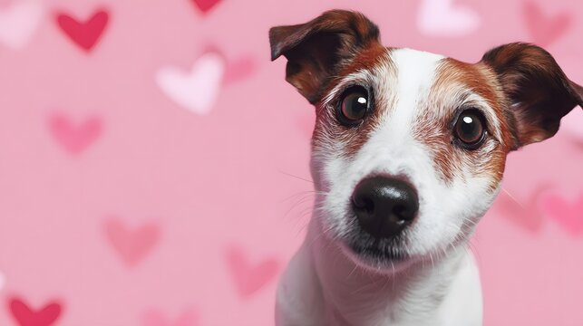 Cute Jack Russell Terrier Puppy on a Pink Heart Background. Valentine's Day Pet Love Portrait. - Powered by Adobe