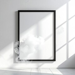 Fototapeta premium Empty black framed canvas, white smoke, sunlit room