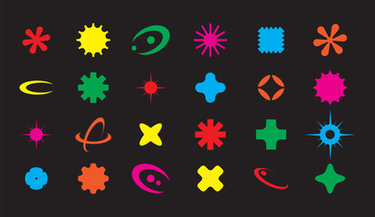 Fototapeta premium Set of colorful abstract symbols and decorative shapes on a black background. Bright playful icons with starbursts, crosses, splashes, and swirl elements, perfect for graphic design, stickers.
