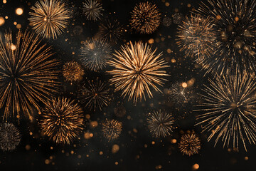 Golden fireworks explode against a dark night sky creating a festive celebratory atmosphere