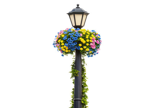 Black lamppost topped with colorful flowering basket in full bloom, isolated on a transparent background