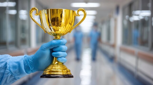 Triumphant moment! A gloved hand raises a golden trophy in a hospital hallway, celebrating the dedication and hard work of healthcare heroes during challenging times.